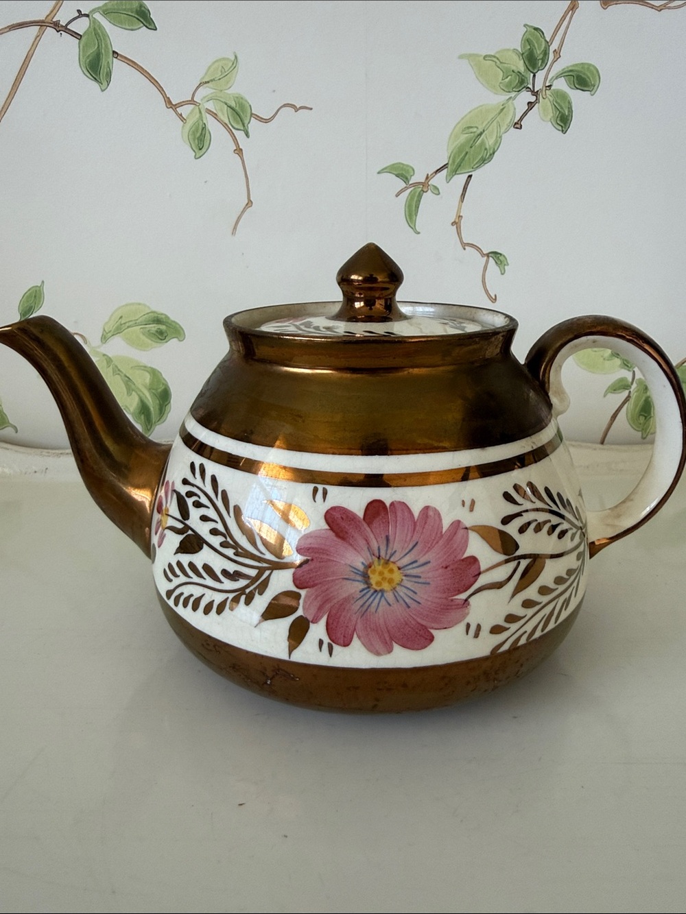 Gibson Staffordshire England Lustreware Copper Gold Teapot Pink Floral Band